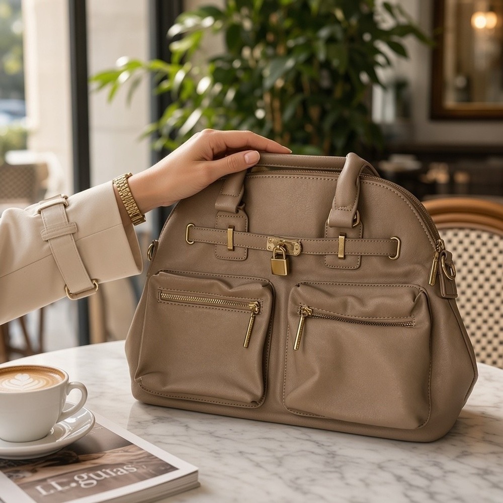 Rampage Women Faux Leather Satchel Handbag Tan Brown Gold Hard ware top handle